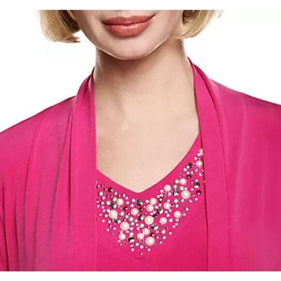 Susan Graver Woman's 3X Spicy Coral Liquid Knit Cardigan and Tank Set with Embel - Picture 1 of 5